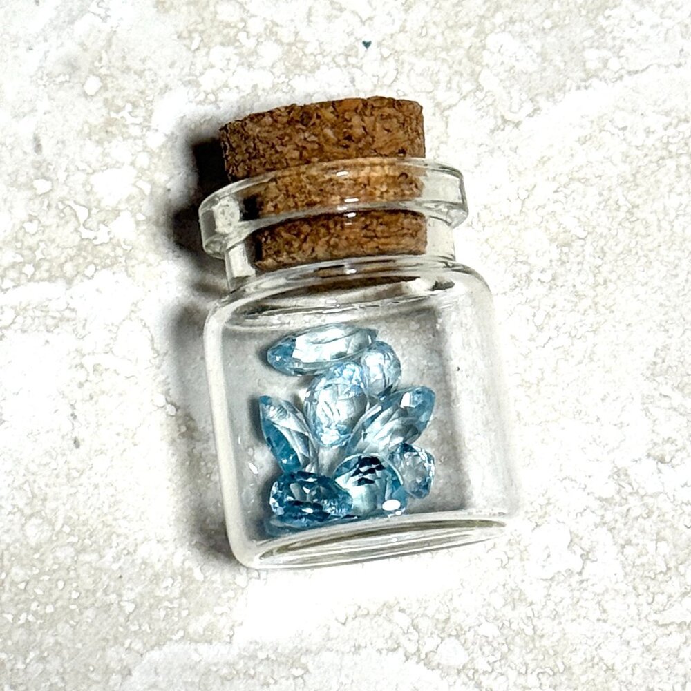 Small Glass Bottle w/ Tiny Genuine Blue Topaz Faceted Cabochons